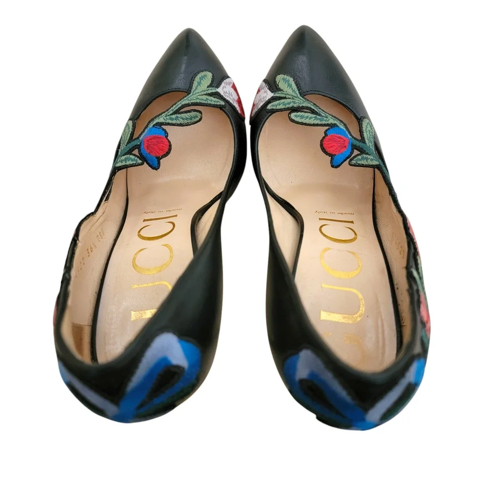 Gucci Floral Ophelia Black Leather Heels Embroidered Pointed Toe Pumps 36.5 6.5